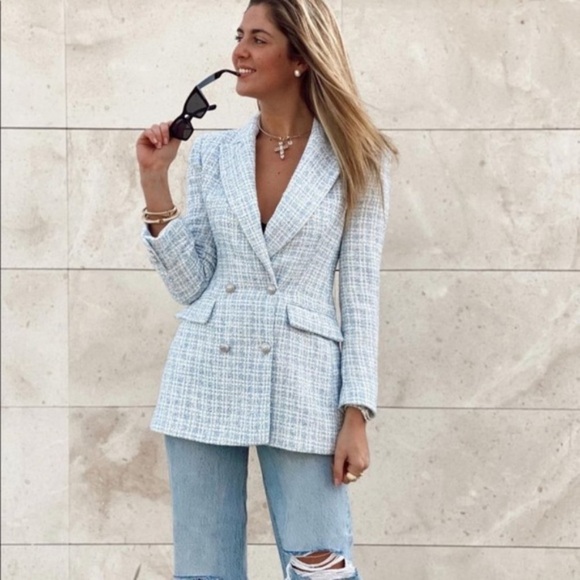PRE LOVED ZARA TEXTURED PLAID BLAZER DOUBLE BREASTED XS - Picture 2 of 10